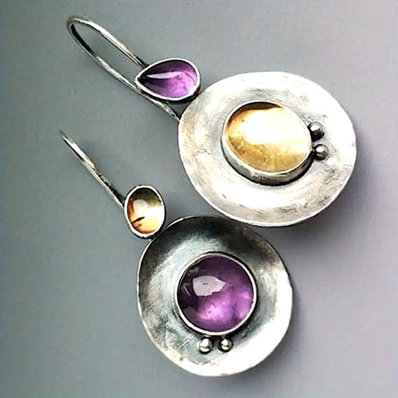Tribal Silver with Purple, Citrine Stone Dangle Earrings Vintage Bohemian Boho - Picture 1 of 2